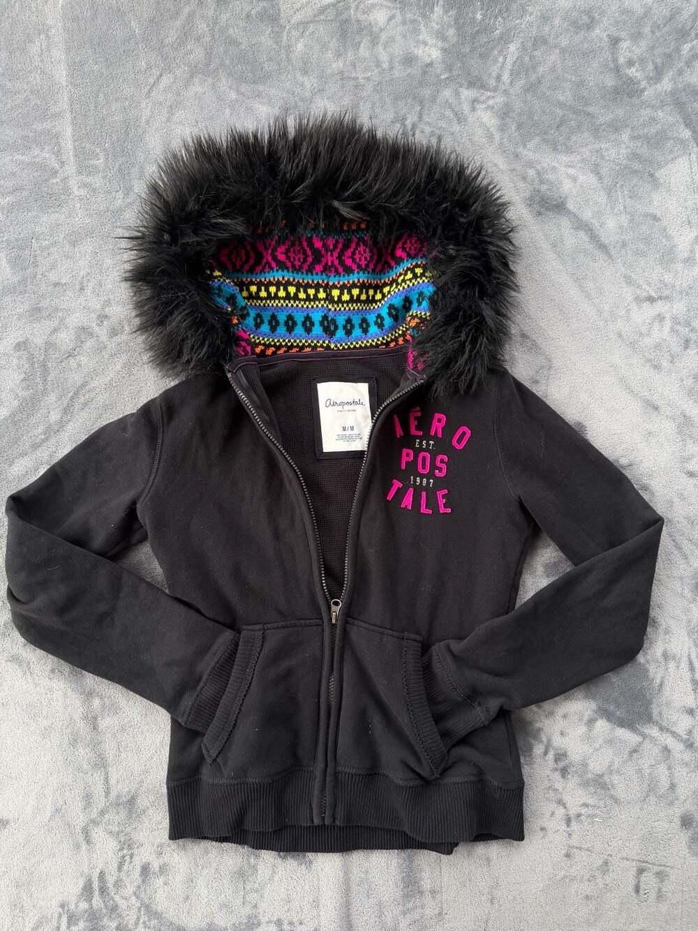 Aeropostale Vintage Faux Fur Lined Hooded Zip-Up Sweatshirt Black Y2K